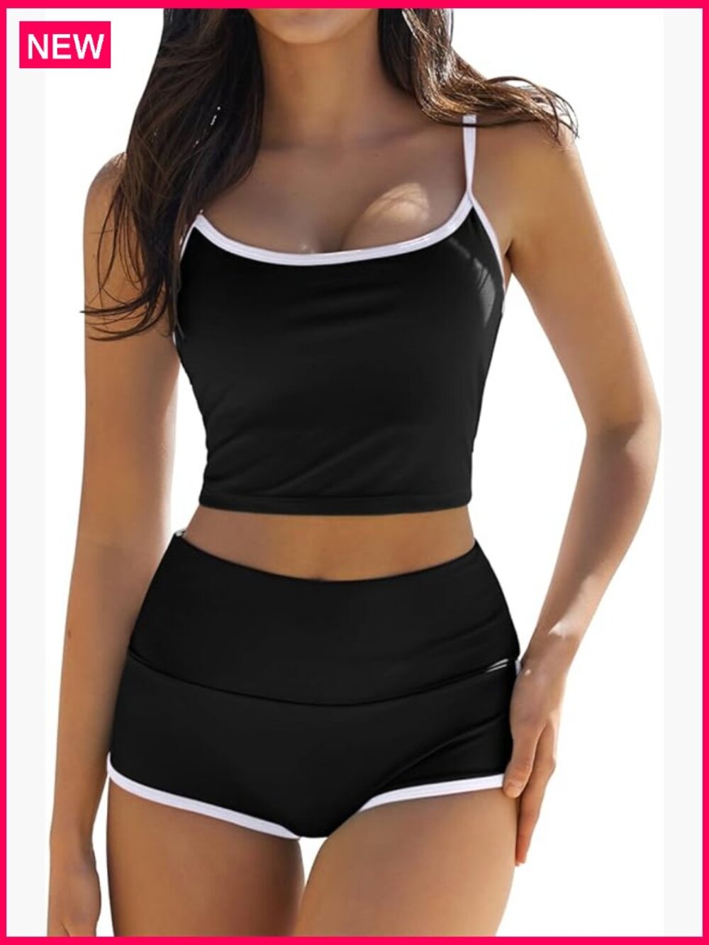 Retro High Waist Boyshort Bikini Set Spaghetti Strap Crop Top
